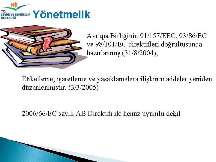 Yönetmelik Avrupa Birliğinin 91/157/EEC, 93/86/EC ve 98/101/EC direktifleri doğrultusunda hazırlanmış (31/8/2004), Etiketleme, işaretleme ve