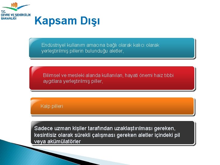 Kapsam Dışı Endüstriyel kullanım amacına bağlı olarak kalıcı olarak yerleştirilmiş pillerin bulunduğu aletler, Bilimsel