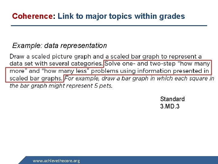 Coherence: Link to major topics within grades Example: data representation Standard 3. MD. 3