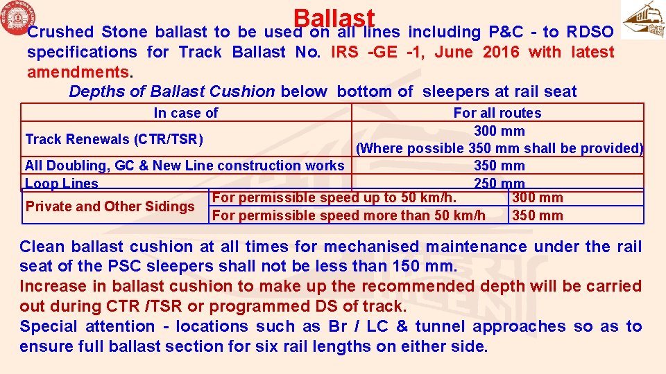 Ballast Crushed Stone ballast to be used on all lines including P&C - to