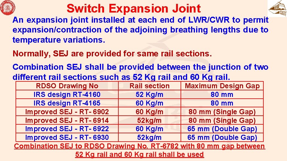 Switch Expansion Joint An expansion joint installed at each end of LWR/CWR to permit