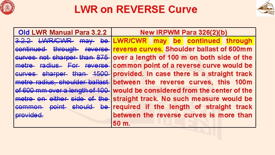 LWR on REVERSE Curve Old LWR Manual Para 3. 2. 2 LWR/CWR may be