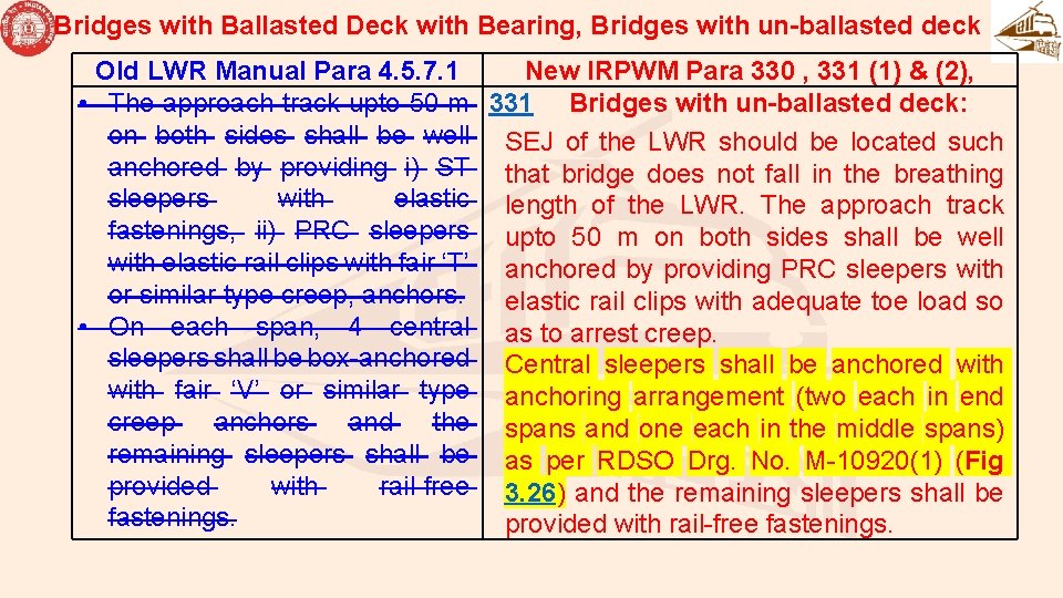 Bridges with Ballasted Deck with Bearing, Bridges with un-ballasted deck Old LWR Manual Para