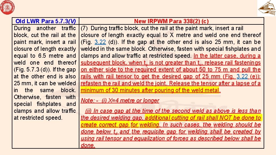 Old LWR Para 5. 7. 3(V) During another traffic block, cut the rail at