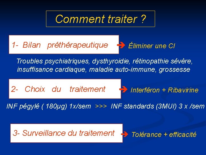 Comment traiter ? 1 - Bilan préthérapeutique Éliminer une CI Troubles psychiatriques, dysthyroidie, rétinopathie