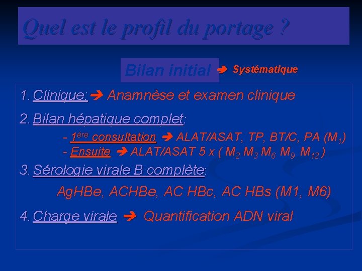 Quel est le profil du portage ? Bilan initial Systématique 1. Clinique: Anamnèse et