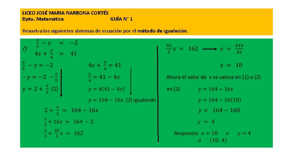 LICEO JOSÉ MARIA NARBONA CORTÉS Dpto. Matemática GUÍA N° 1 Resuelva los siguientes sistemas