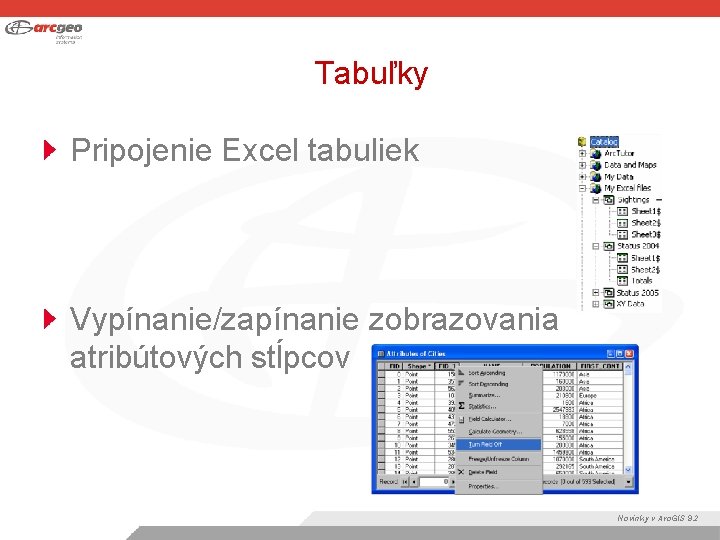 Tabuľky Pripojenie Excel tabuliek Vypínanie/zapínanie zobrazovania atribútových stĺpcov Novinky v Arc. GIS 9. 2