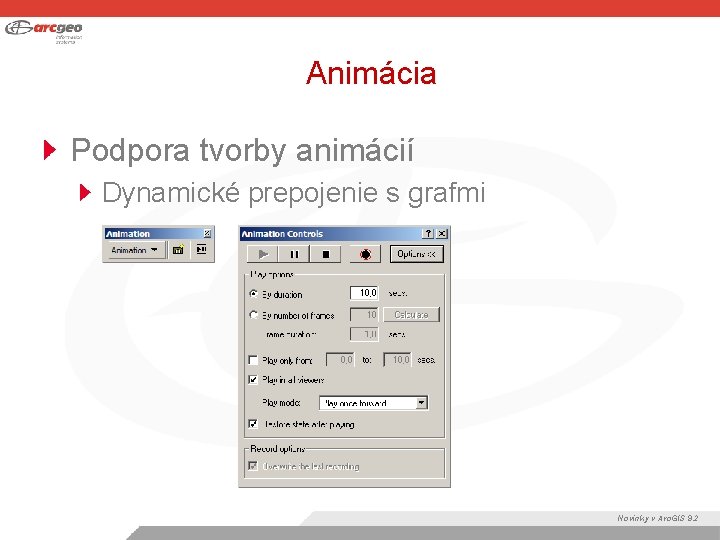 Animácia Podpora tvorby animácií Dynamické prepojenie s grafmi Novinky v Arc. GIS 9. 2