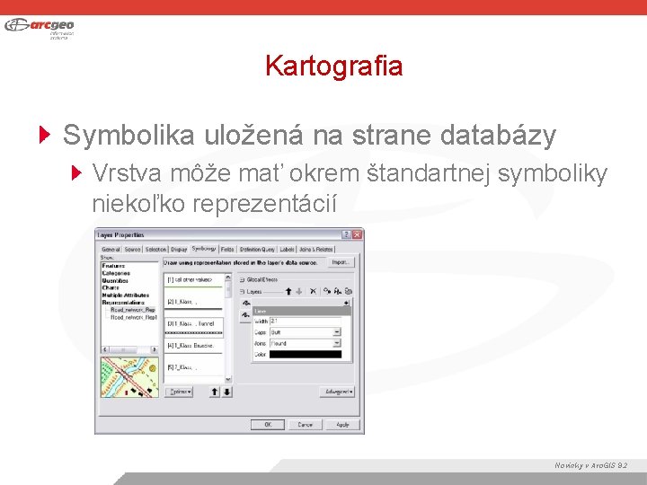 Kartografia Symbolika uložená na strane databázy Vrstva môže mať okrem štandartnej symboliky niekoľko reprezentácií