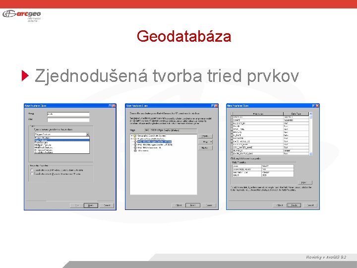Geodatabáza Zjednodušená tvorba tried prvkov Novinky v Arc. GIS 9. 2 