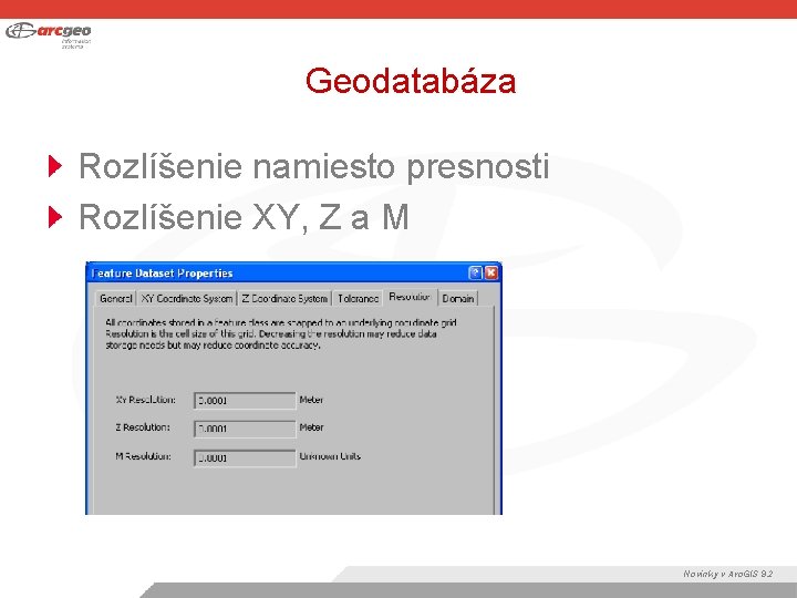 Geodatabáza Rozlíšenie namiesto presnosti Rozlíšenie XY, Z a M Novinky v Arc. GIS 9.