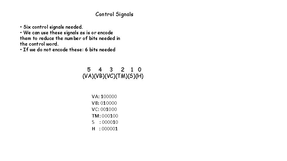 Control Signals • Six control signals needed. • We can use these signals as