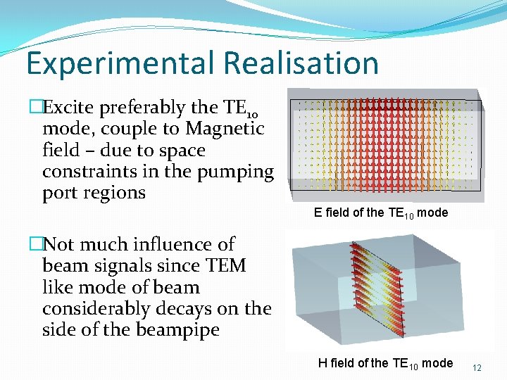 Experimental Realisation �Excite preferably the TE 10 mode, couple to Magnetic field – due