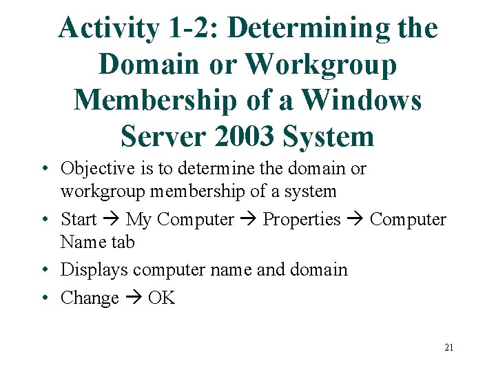 Activity 1 -2: Determining the Domain or Workgroup Membership of a Windows Server 2003