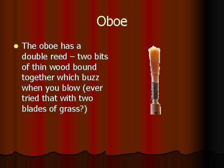 Oboe l The oboe has a double reed – two bits of thin wood