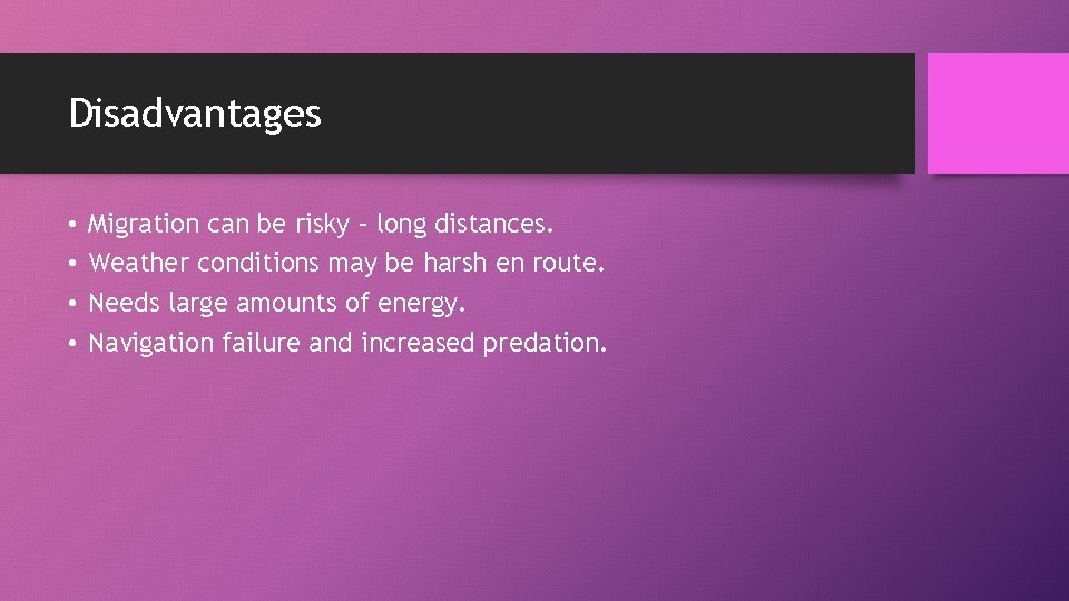 Disadvantages • • Migration can be risky – long distances. Weather conditions may be