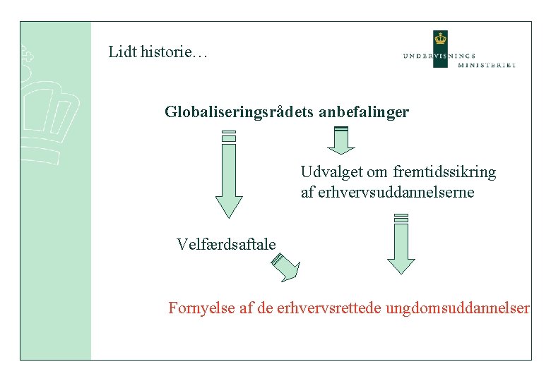 Lidt historie… Globaliseringsrådets anbefalinger Udvalget om fremtidssikring af erhvervsuddannelserne Velfærdsaftale Fornyelse af de erhvervsrettede