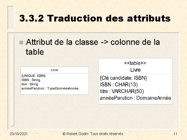 3. 3. 2 Traduction des attributs n Attribut de la classe -> colonne de