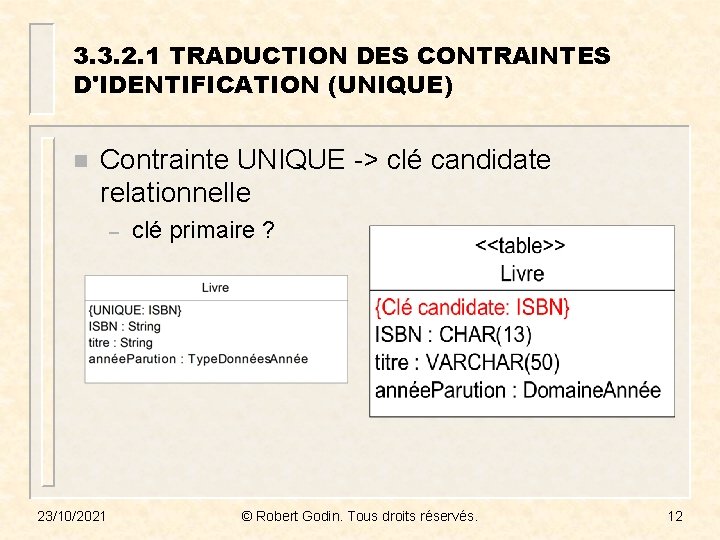 3. 3. 2. 1 TRADUCTION DES CONTRAINTES D'IDENTIFICATION (UNIQUE) n Contrainte UNIQUE -> clé