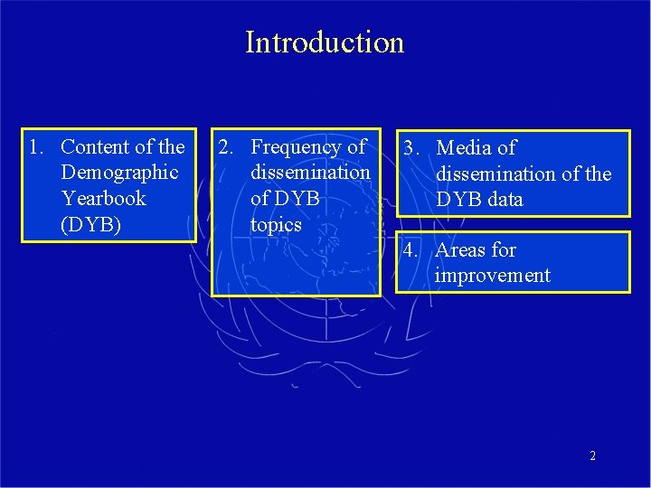 Introduction 1. Content of the Demographic Yearbook (DYB) 2. Frequency of dissemination of DYB
