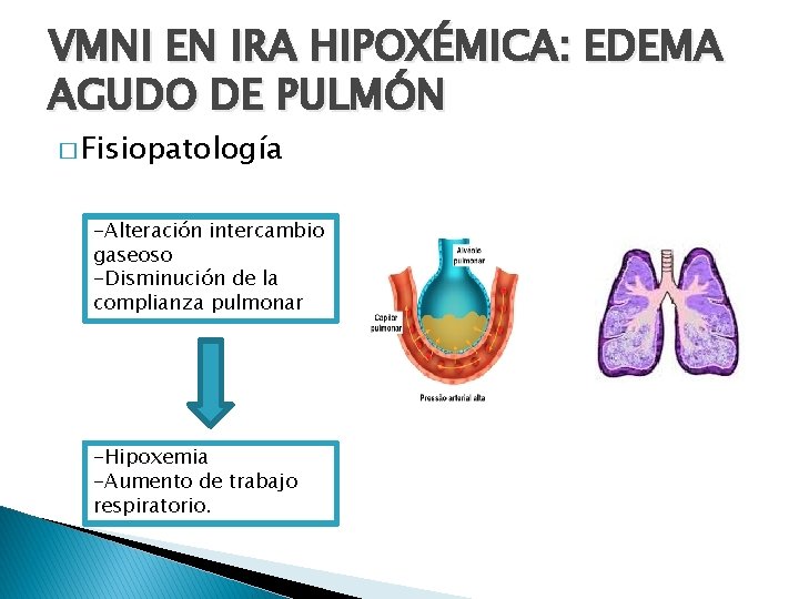 VMNI EN IRA HIPOXÉMICA: EDEMA AGUDO DE PULMÓN � Fisiopatología -Alteración intercambio gaseoso -Disminución