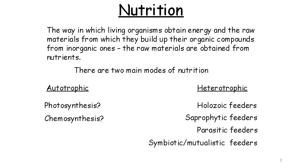 Nutrition The way in which living organisms obtain energy and the raw materials from