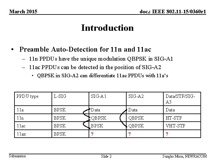 March 2015 doc. : IEEE 802. 11 -15/0360 r 1 Introduction • Preamble Auto-Detection