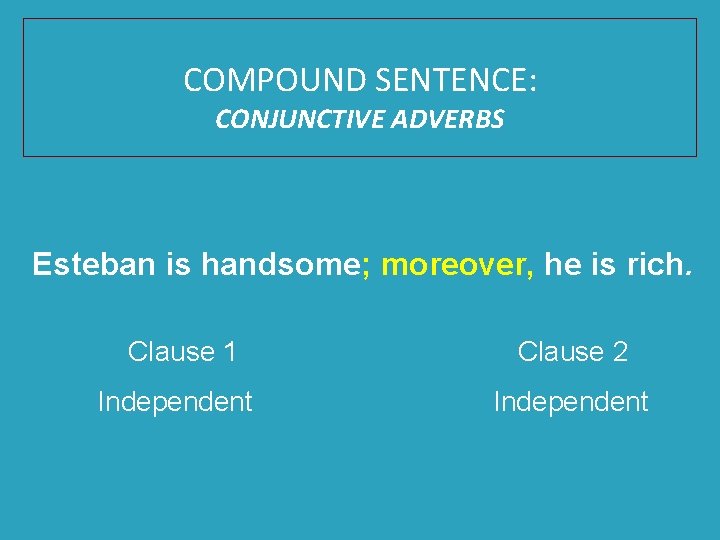 COMPOUND SENTENCE: CONJUNCTIVE ADVERBS Esteban is handsome; moreover, he is rich. Clause 1 Independent