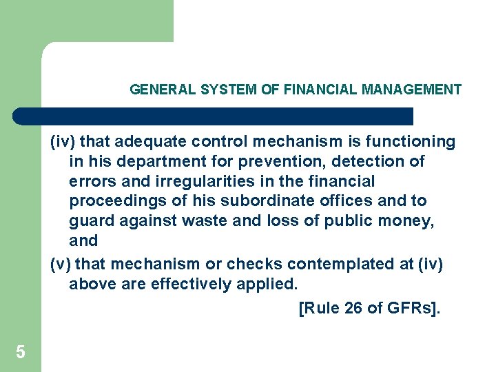 GENERAL SYSTEM OF FINANCIAL MANAGEMENT (iv) that adequate control mechanism is functioning in his