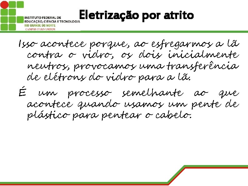 Eletrização por atrito Isso acontece porque, ao esfregarmos a lã contra o vidro, os