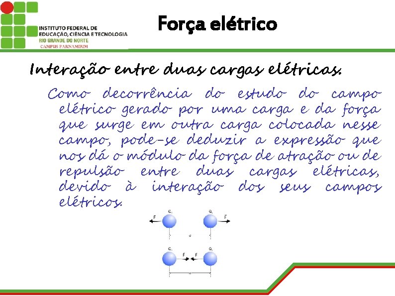 Força elétrico Interação entre duas cargas elétricas. Como decorrência do estudo do campo elétrico
