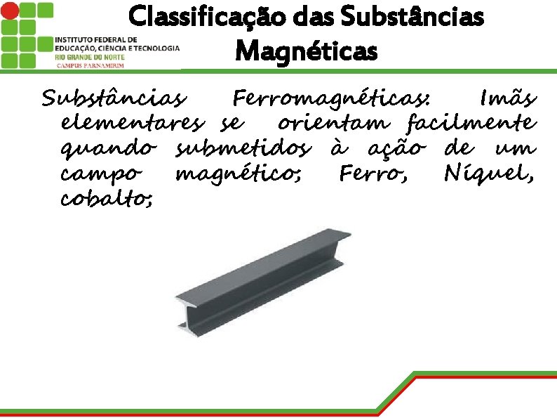 Classificação das Substâncias Magnéticas Substâncias Ferromagnéticas: Imãs elementares se orientam facilmente quando submetidos à