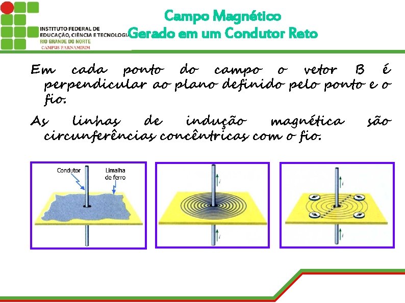 Campo Magnético Gerado em um Condutor Reto Em cada ponto do campo o vetor