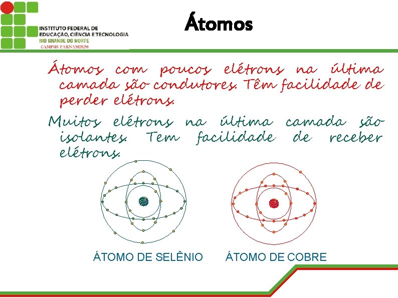 Átomos com poucos elétrons na última camada são condutores. Têm facilidade de perder elétrons.