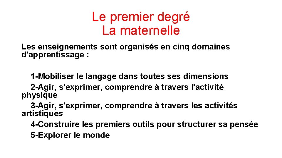 Le premier degré La maternelle Les enseignements sont organisés en cinq domaines d'apprentissage :