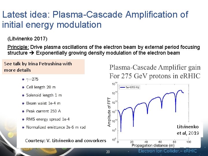 Latest idea: Plasma-Cascade Amplification of initial energy modulation (Litvinenko 2017) Principle: Drive plasma oscillations