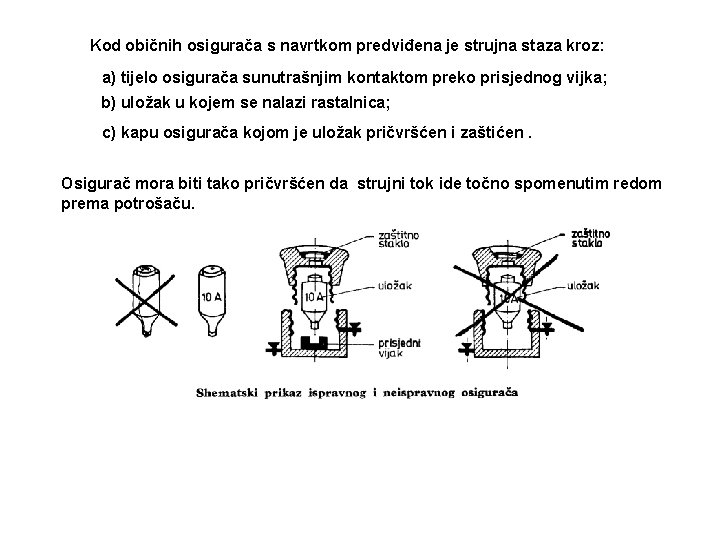 Kod običnih osigurača s navrtkom predviđena je strujna staza kroz: a) tijelo osigurača sunutrašnjim