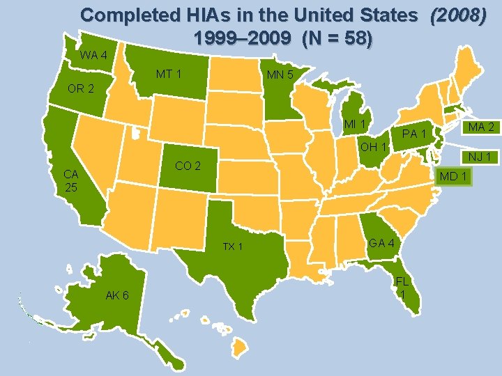 Completed HIAs in the United States (2008) 1999– 2009 (N = 58) WA 4