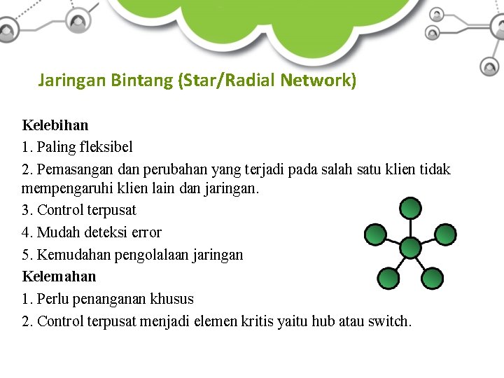 Jaringan Bintang (Star/Radial Network) Kelebihan 1. Paling fleksibel 2. Pemasangan dan perubahan yang terjadi