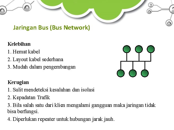 Jaringan Bus (Bus Network) Kelebihan 1. Hemat kabel 2. Layout kabel sederhana 3. Mudah