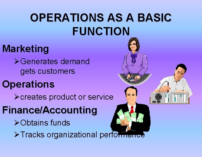 OPERATIONS AS A BASIC FUNCTION Marketing Ø Generates demand gets customers Operations Ø creates