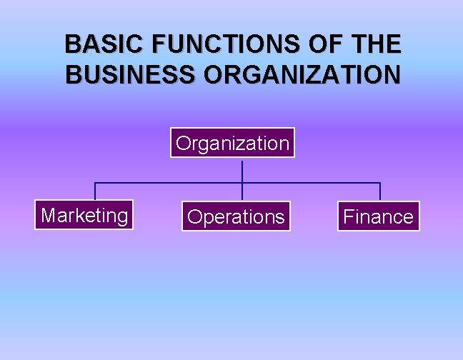 BASIC FUNCTIONS OF THE BUSINESS ORGANIZATION Organization Marketing Operations Finance 