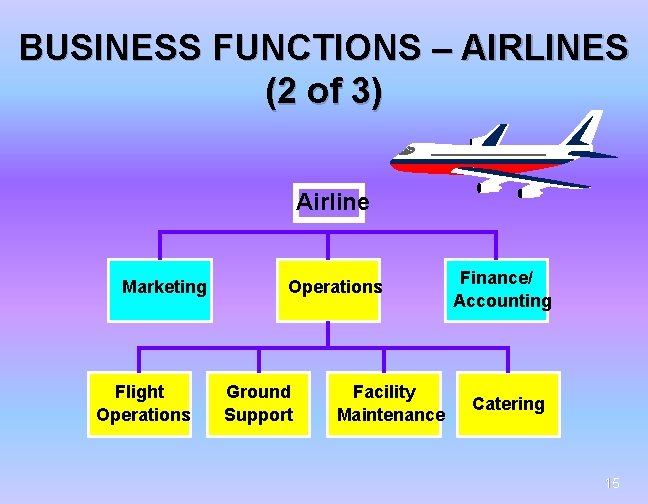 BUSINESS FUNCTIONS – AIRLINES (2 of 3) Airline Marketing Flight Operations Ground Support Facility