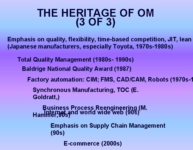 THE HERITAGE OF OM (3 OF 3) Emphasis on quality, flexibility, time-based competition, JIT,