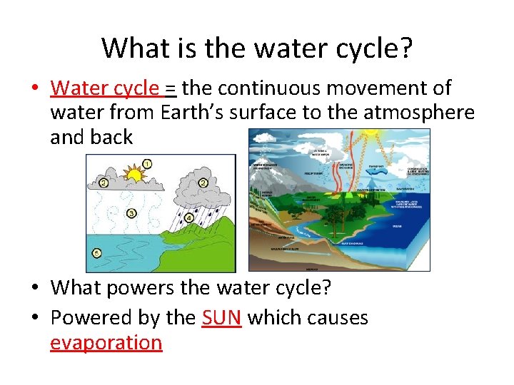 What is the water cycle? • Water cycle = the continuous movement of water