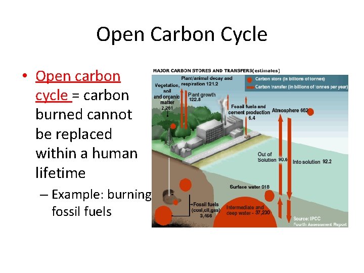 Open Carbon Cycle • Open carbon cycle = carbon burned cannot be replaced within