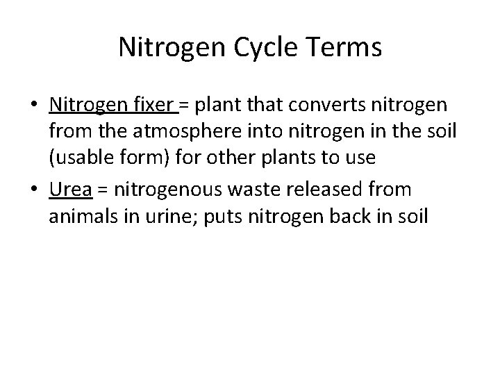 Nitrogen Cycle Terms • Nitrogen fixer = plant that converts nitrogen from the atmosphere