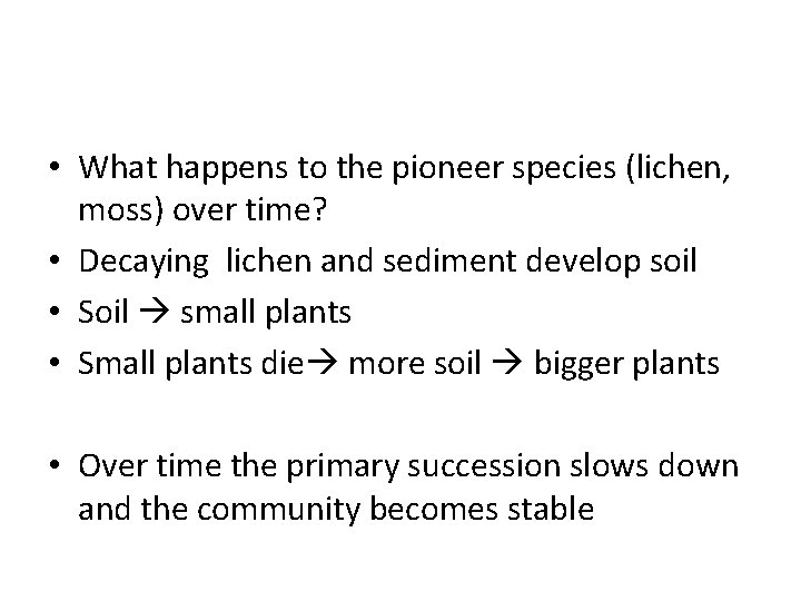  • What happens to the pioneer species (lichen, moss) over time? • Decaying