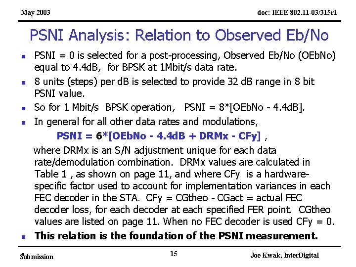 May 2003 doc: IEEE 802. 11 -03/315 r 1 PSNI Analysis: Relation to Observed